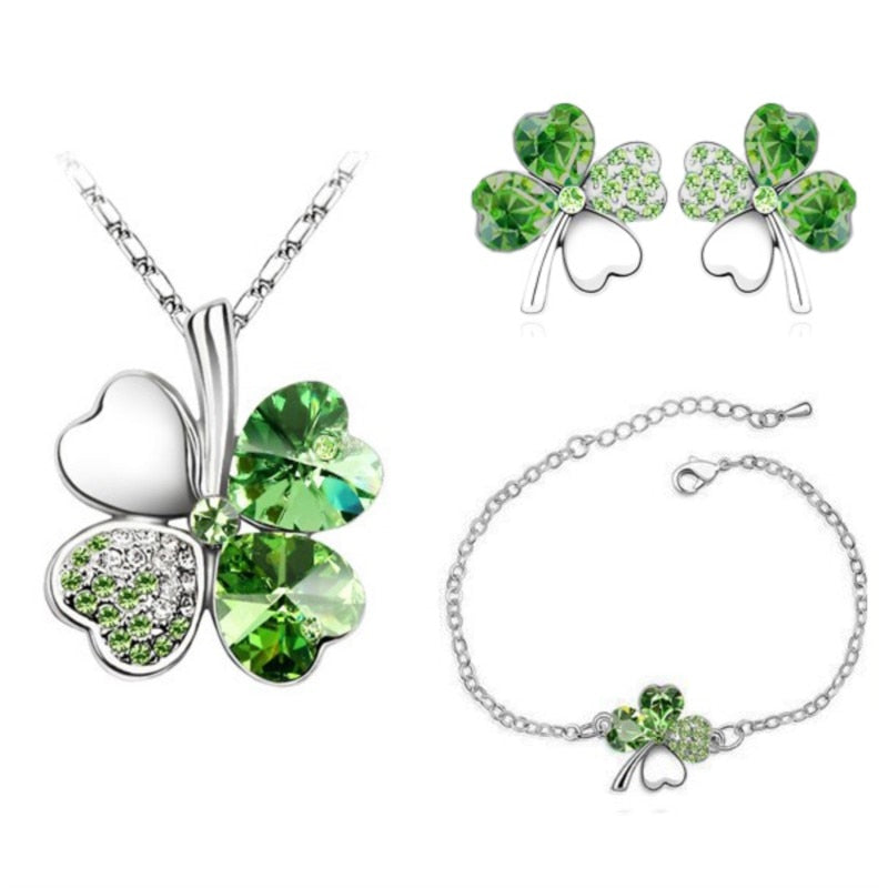 Crystal Clover 4 Leaf leaves heart pendant Jewelry sets necklace earrings