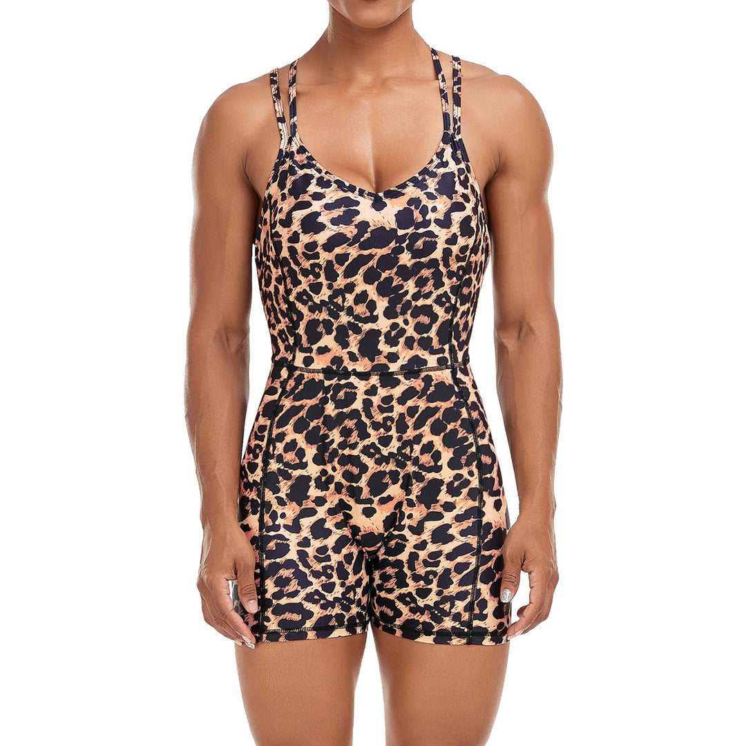 Women Yoga Backless Leopard Jumpsuit Workout Catsuit Bodysuit Sleeveless Sportswear - Pioneer Merchandise