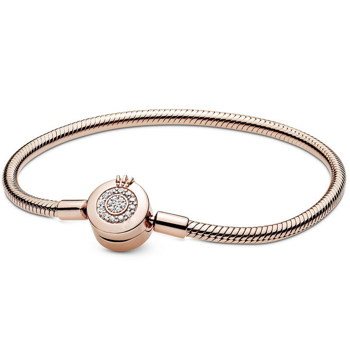 Rose Gold  Silver Moments Sparkling Crown O Snake Chain 925 Sterling Silver Bracelet Fit pandora Bangle