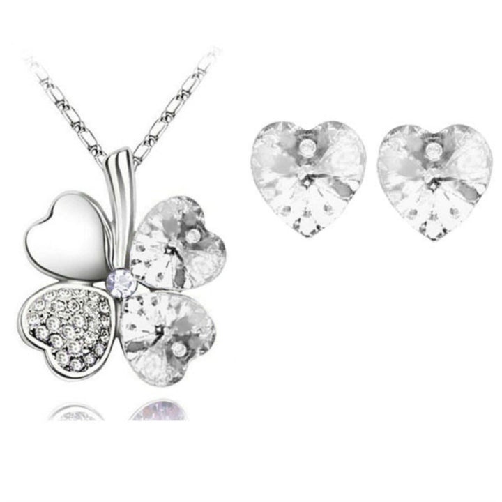 Crystal Clover 4 Leaf heart Pendant Necklace Earrings