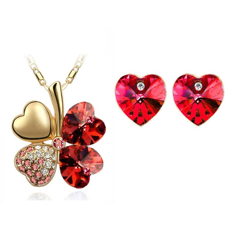 Crystal Clover 4 Leaf heart Pendant Necklace Earrings